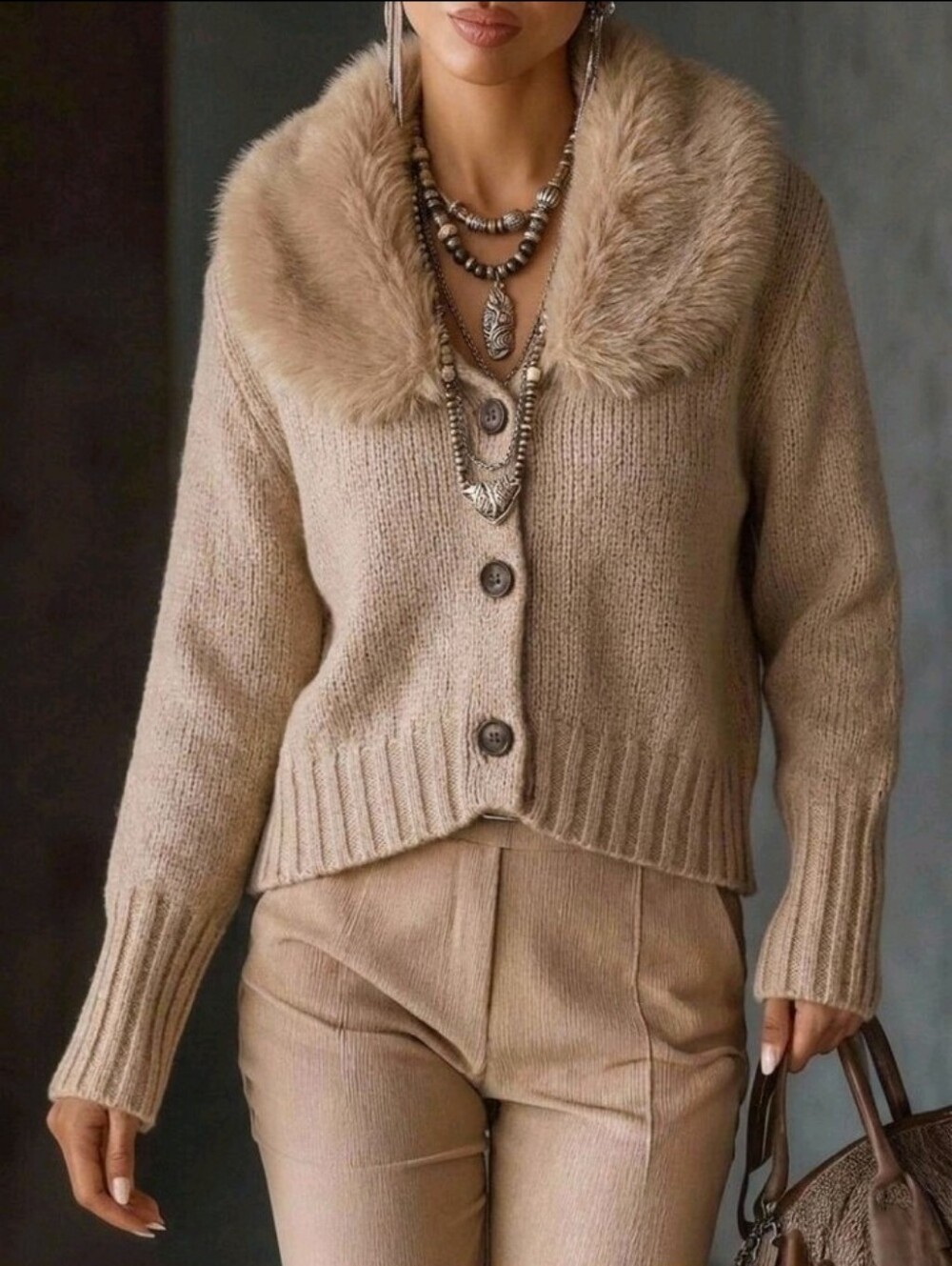 Women's Autumn/Winter Cardigan Sweater, Khaki Color Patchwork Fur Collar